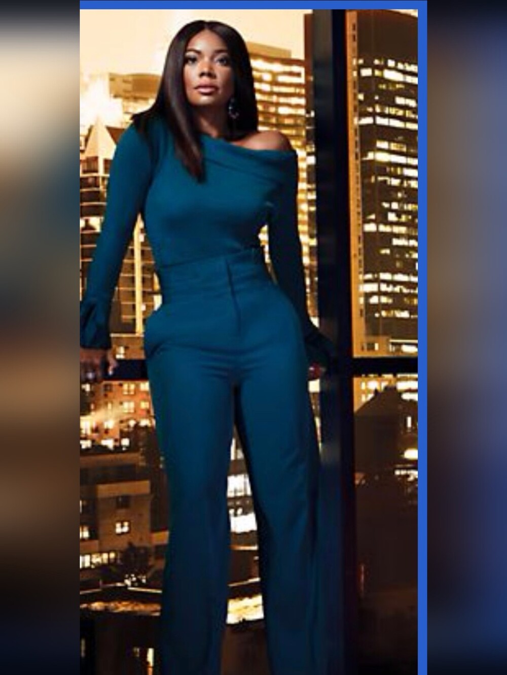 GABRIELLE UNION💙 Teal Off-Shoulder Sweater & Wide-Leg High-Waist Pants